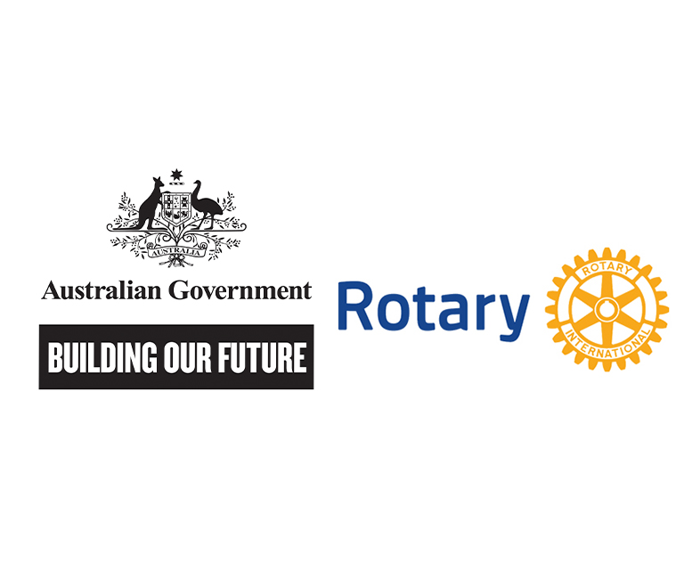 An 'Australian Government - Building our Future' logo and a 'Rotary International' logo.