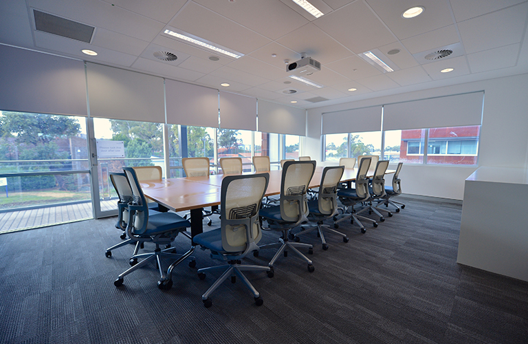 The interior of the Frank Konecny Meeting Room at the Darius Wells Library and Resource Centre.