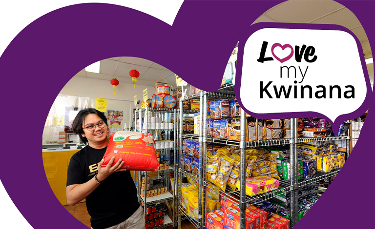 The Love My Kwinana logo appears next to a man in a store.