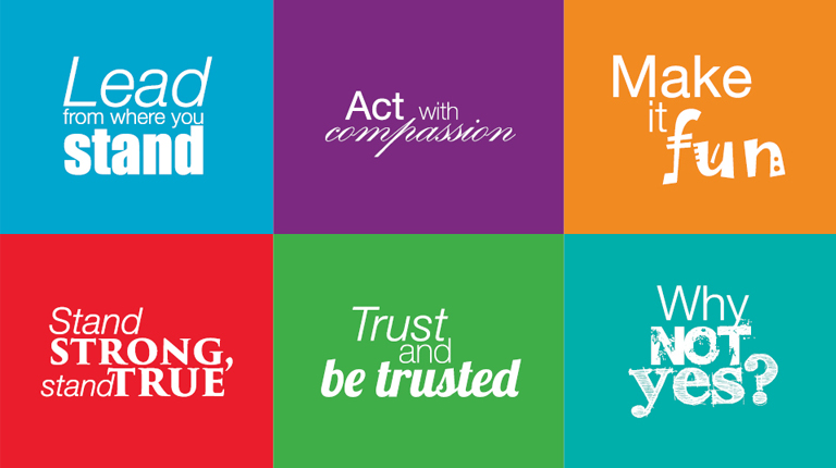 Six coloured squares read 'lead from where you stand', 'act with compassion', 'make it fun', 'stand strong, stand true', 'trust and be trusted' and 'why not yes?'