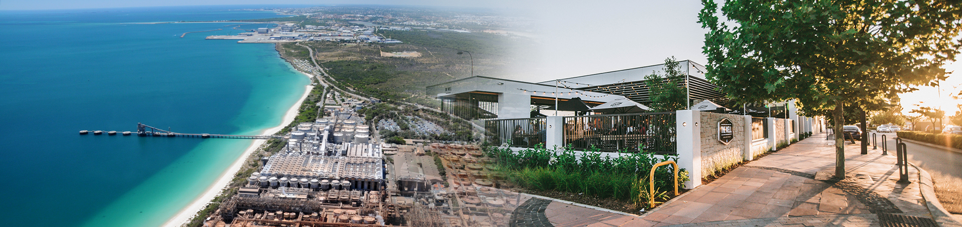 An image of the Kwinana industrial area by the ocean blends into an image of The Well Tavern.