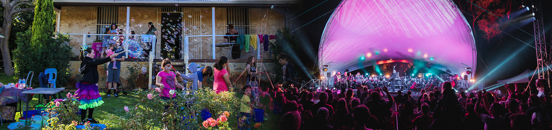 An image of children's activities, including blowing bubbles, blends into a concert.