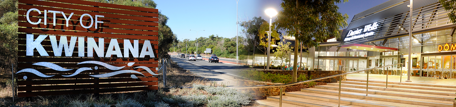 An image of a metal 'City of Kwinana' sign blends into an image of the Darius Wells Library and Resource Centre. 