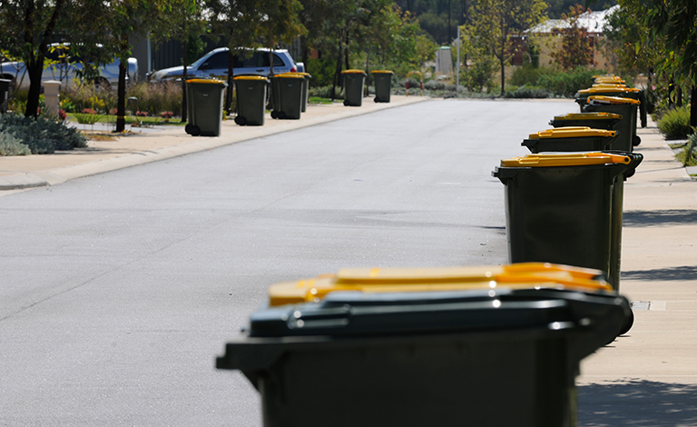 Recycling bins lined up on a street.