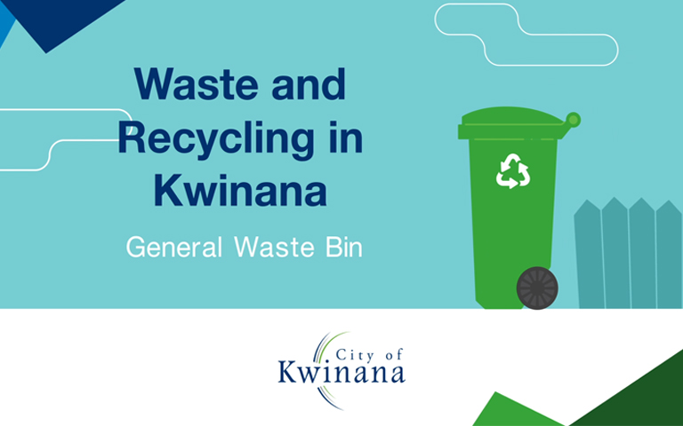 A graphic reading 'Bins and waste collection - general waste' with a cartoon bin. 